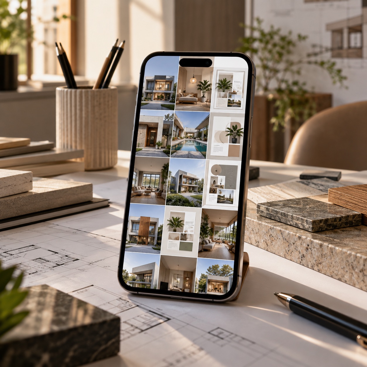 feed de Instagram com vistas 3D dos projetos e stories editáveis no Canva