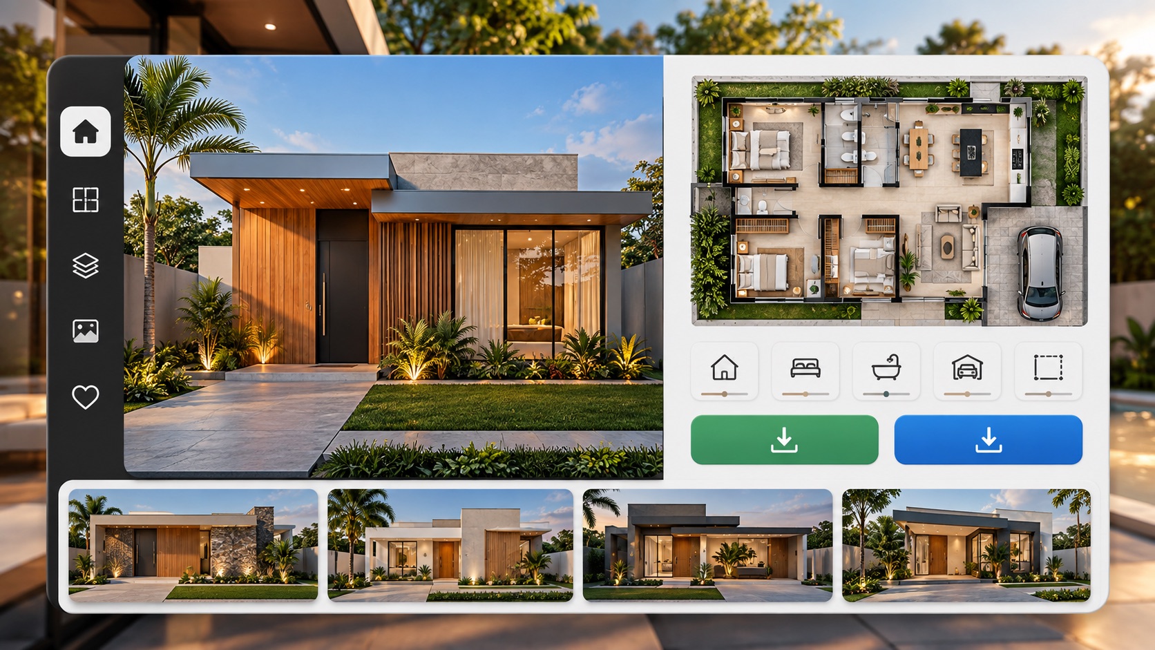 Ficha de projeto com fachada, planta e downloads